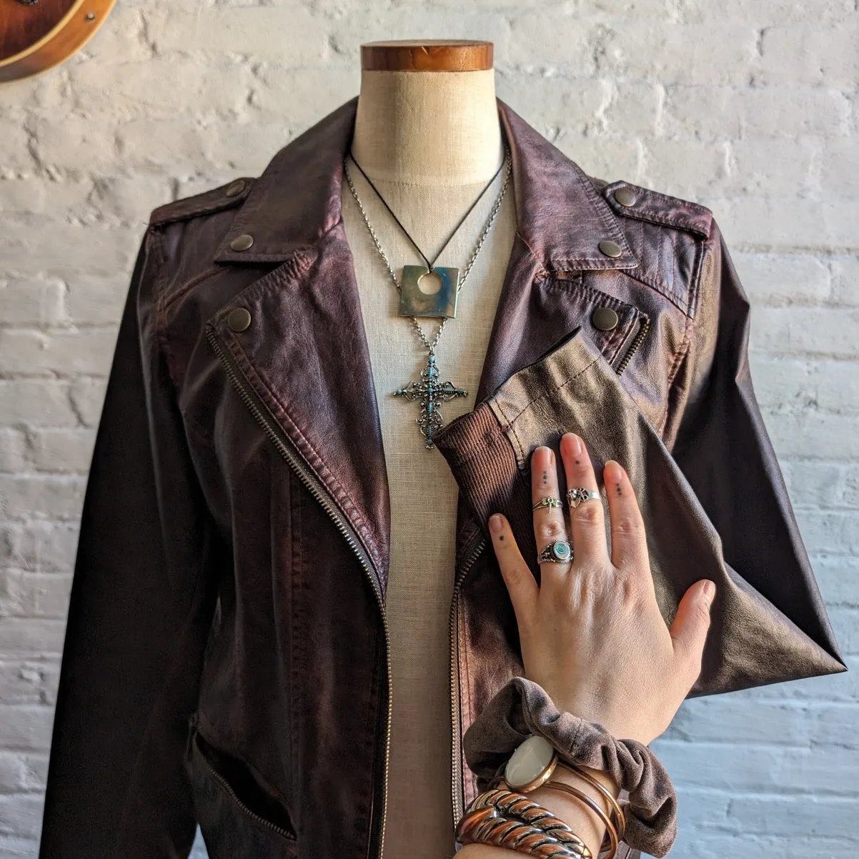 Y2K Vegan Faux Leather Moto Jacket Knit Distressed Boho Grunge Maroon Brown Coat