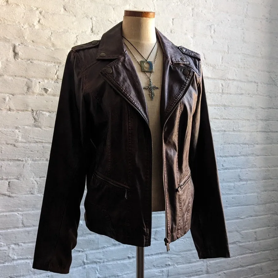 Y2K Vegan Faux Leather Moto Jacket Knit Distressed Boho Grunge Maroon Brown Coat